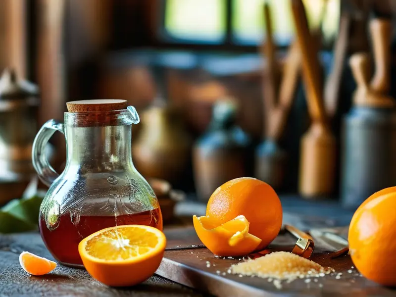 橘子酒酿制过程：新鲜橙子切片与糖放入玻璃罐中准备发酵