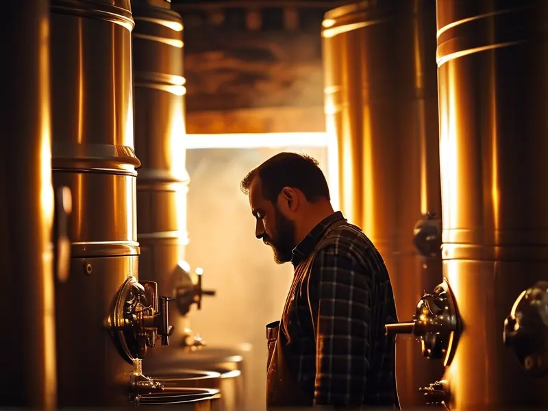 酿酒师检查发酵桶中的酒醅