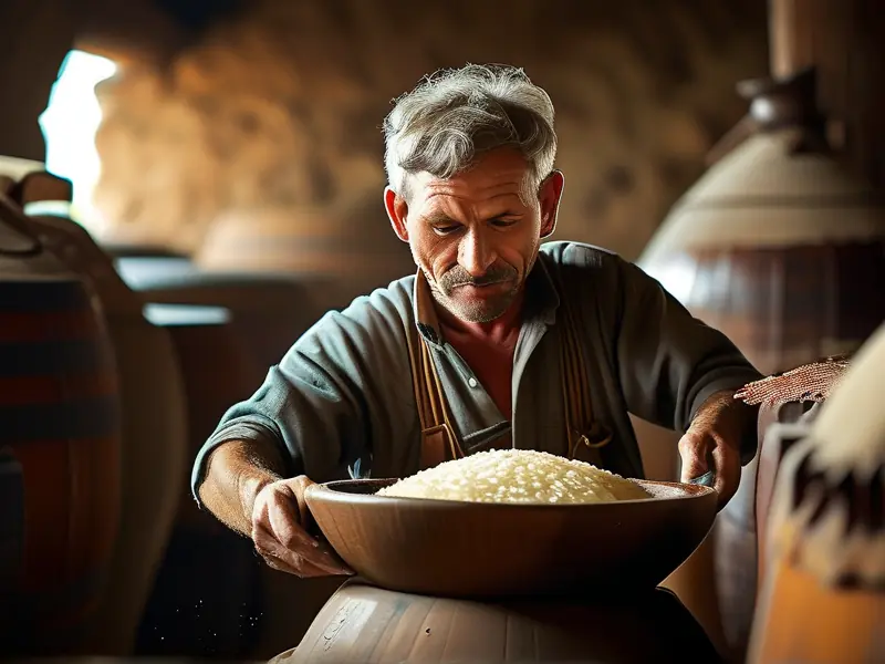 传统酿酒师制作口嚼酒的过程