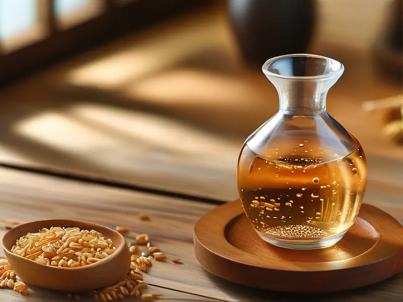 一杯清澈的粮食酒放在木桌上，周围散落着高粱、大米等酿酒原料