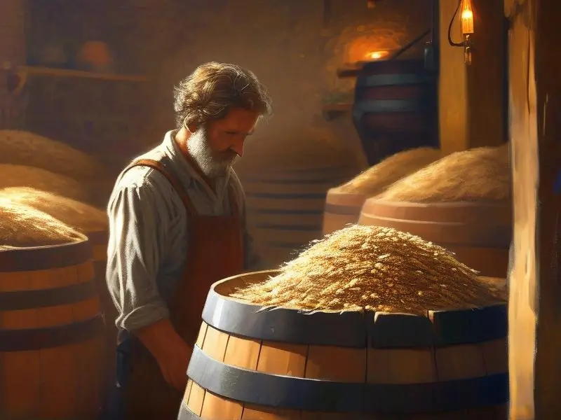 酿酒师检查粮食发酵过程