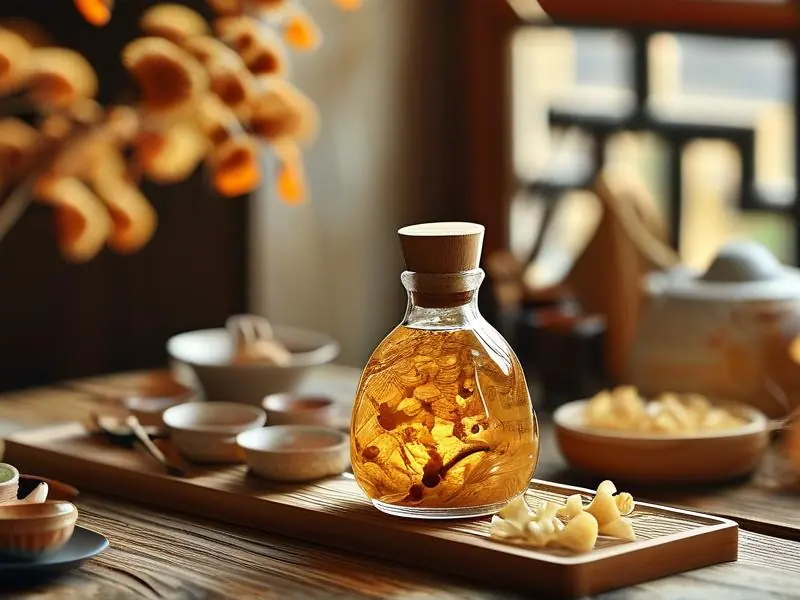 传统灵芝泡酒实物展示：透明玻璃罐中浸泡的灵芝与琥珀色酒液