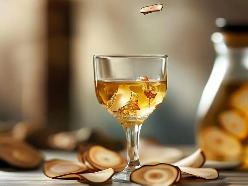 鹿茸切片浸泡在白酒中的特写照片