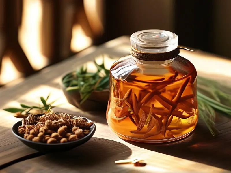 鹿茸片与枸杞人参等药材浸泡在琥珀色酒液中的特写
