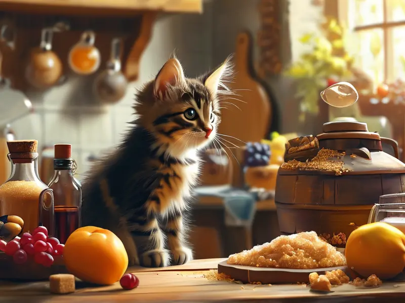 家庭自制猫酒的场景，猫咪与酿酒材料