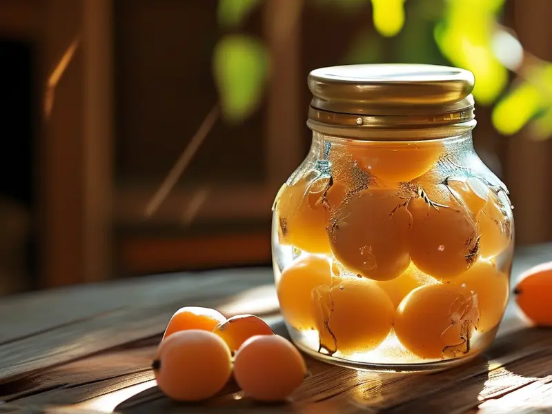 家庭自制梅酒的初始阶段：玻璃罐中装满新鲜梅子、糖和白酒