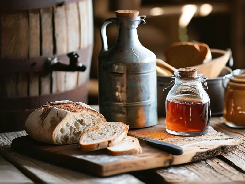 自制面包发酵酒与面包片摆放在木桌上