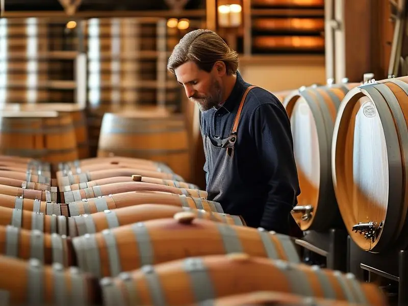 酿酒师检查发酵桶中的酒醅