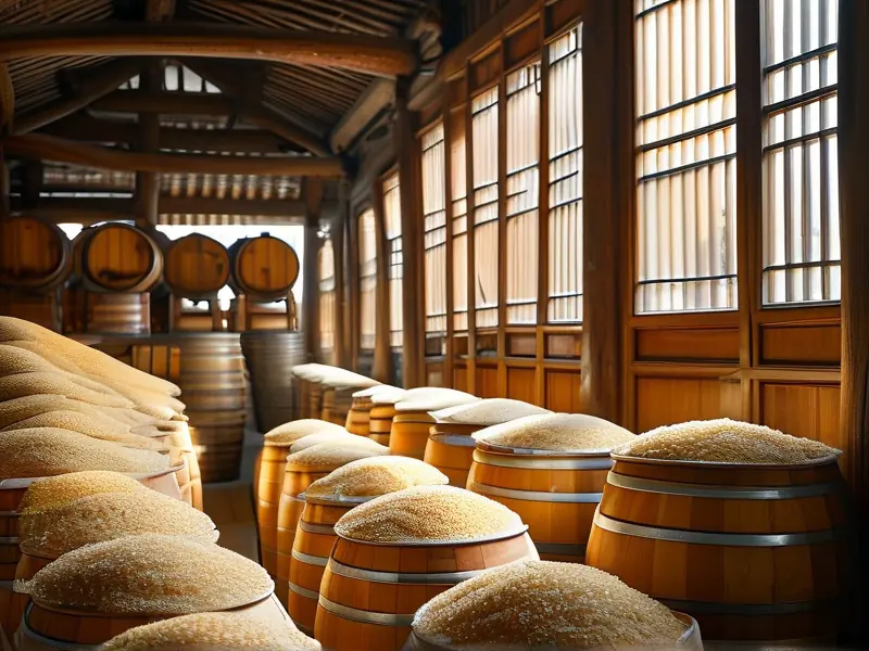 酿酒师在传统酒坊中仔细检查金黄色的酿酒谷壳