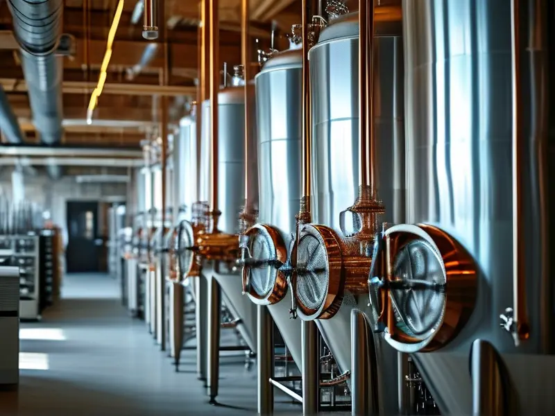 现代化酿酒车间展示不锈钢发酵罐和蒸馏设备