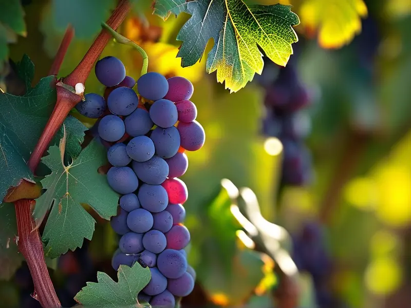 新鲜酿酒葡萄在藤上的特写，阳光透过树叶照射在葡萄上