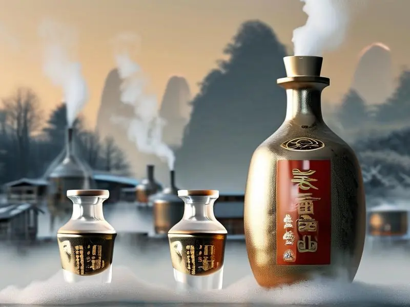冬季传统酿酒场景，蒸汽从发酵桶中升起，清澈的酒液倒入陶瓷罐中