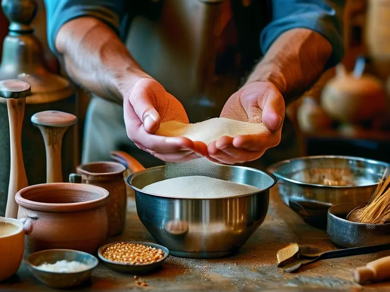 酿酒师精准测量酒曲的传统酿酒场景