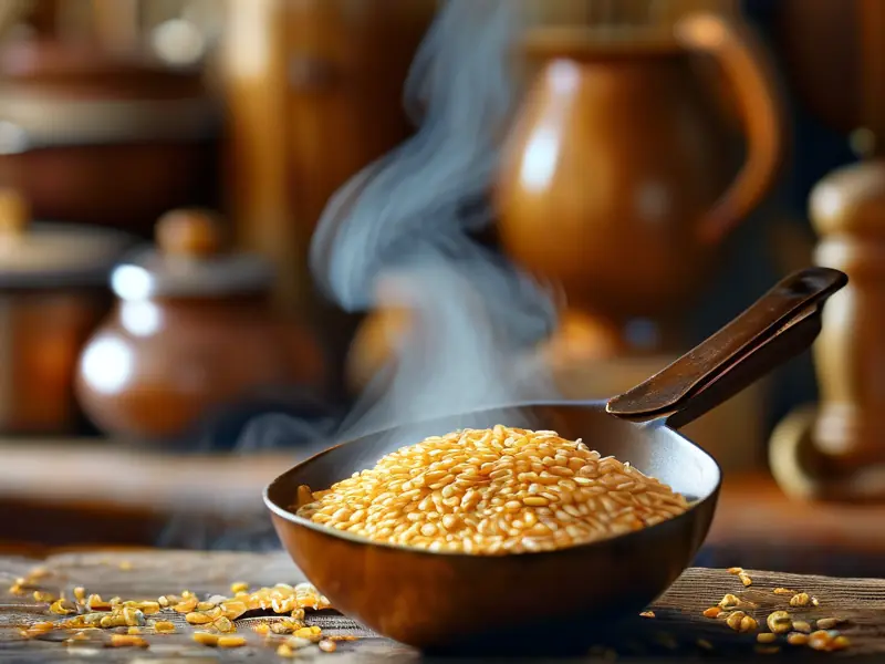 传统木蒸锅中蒸制高粱的特写，蒸汽缭绕，金黄的高粱粒清晰可见