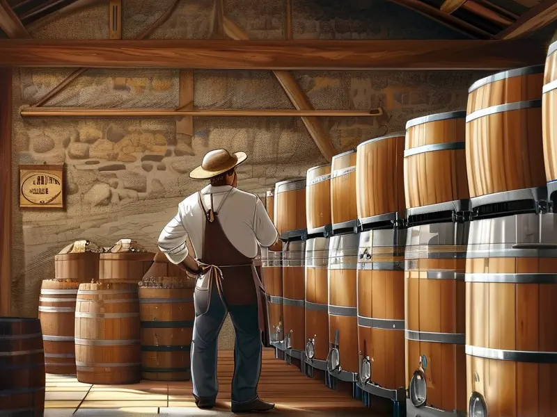 专业酿酒师在酒厂中对比传统酿造酒和勾兑酒