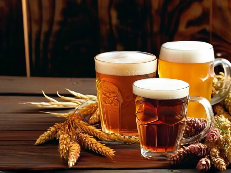 多种啤酒花酿造的啤酒展示，包括不同颜色和泡沫层次的精酿啤酒