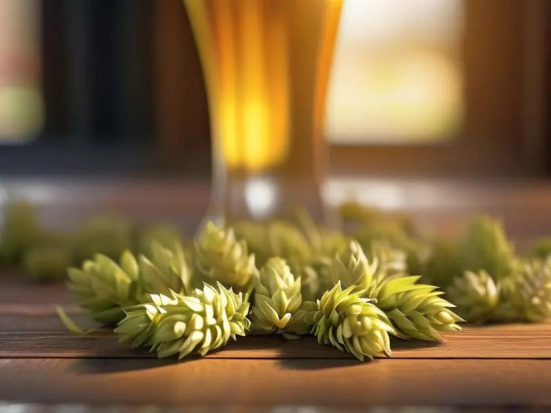 酿酒师手持新鲜啤酒花与背景中的精酿啤酒特写