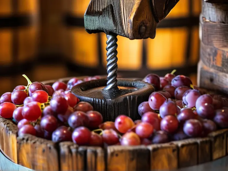 传统木制压榨机压榨新鲜葡萄，葡萄汁流入容器中，周围是酒窖中的橡木桶