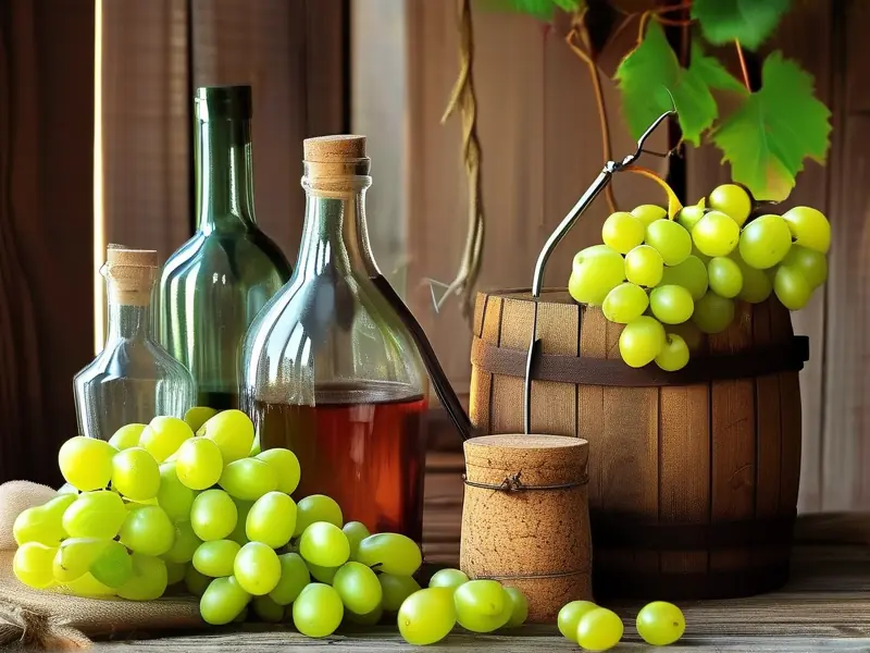 传统家庭自酿葡萄酒工具与新鲜葡萄摆放场景