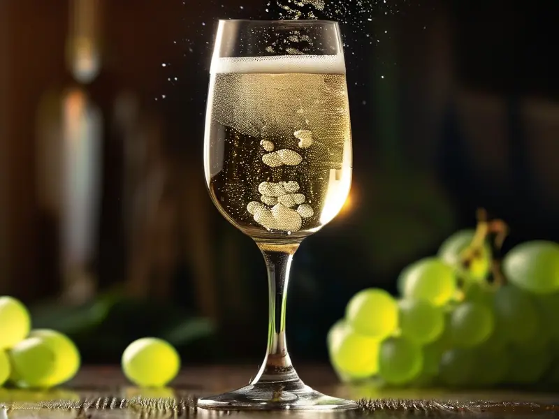 起泡酒在玻璃杯中冒泡的特写照片，背景有葡萄和酿酒设备