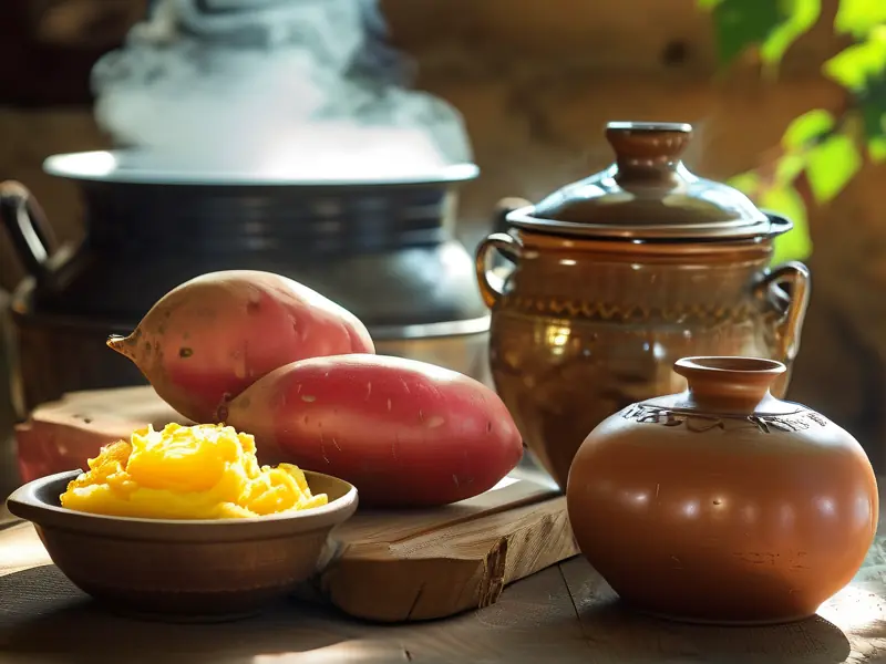 家庭制作薯酒原料与工具实拍图