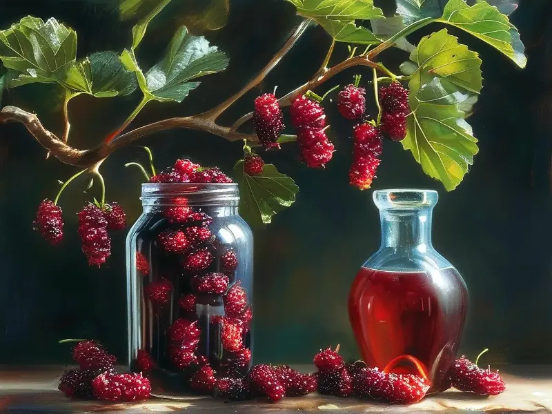 新鲜桑葚与自制桑葚酒对比展示