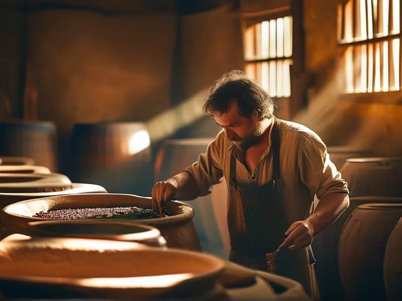 传统古法酿酒师在陶缸中搅拌酒醅