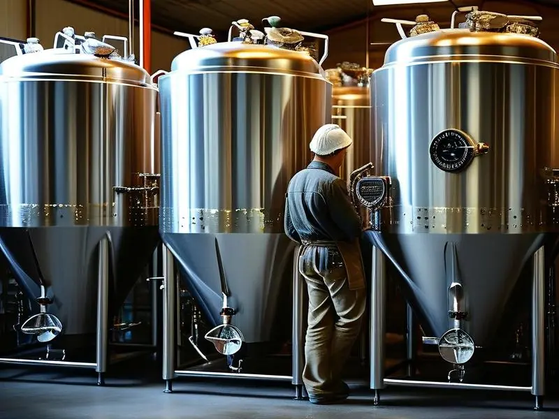 专业酿酒师在小型酿酒厂检查不锈钢酿酒设备