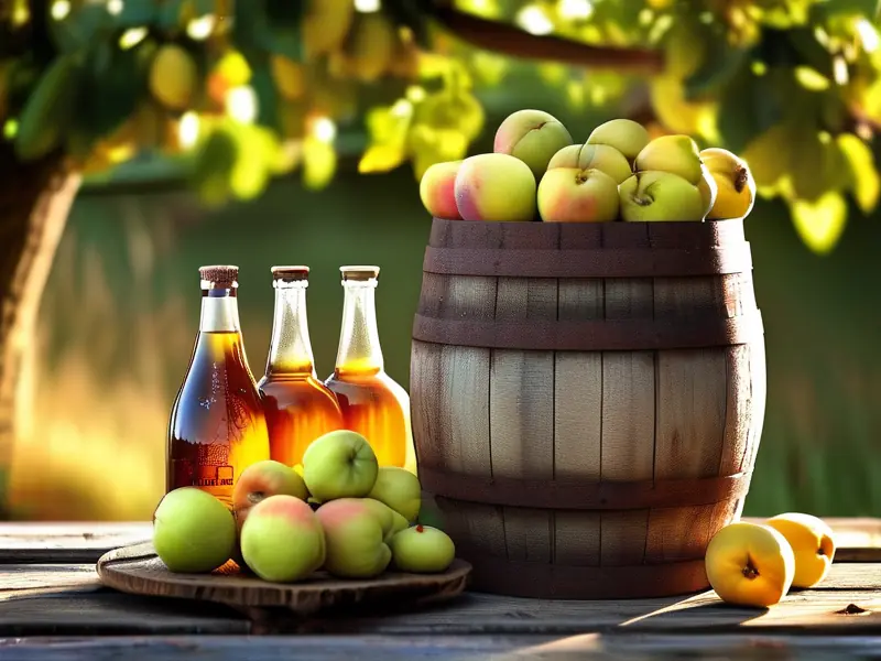 家庭桃子酿酒过程实拍：木桶中发酵的桃子和量杯测量的酒液