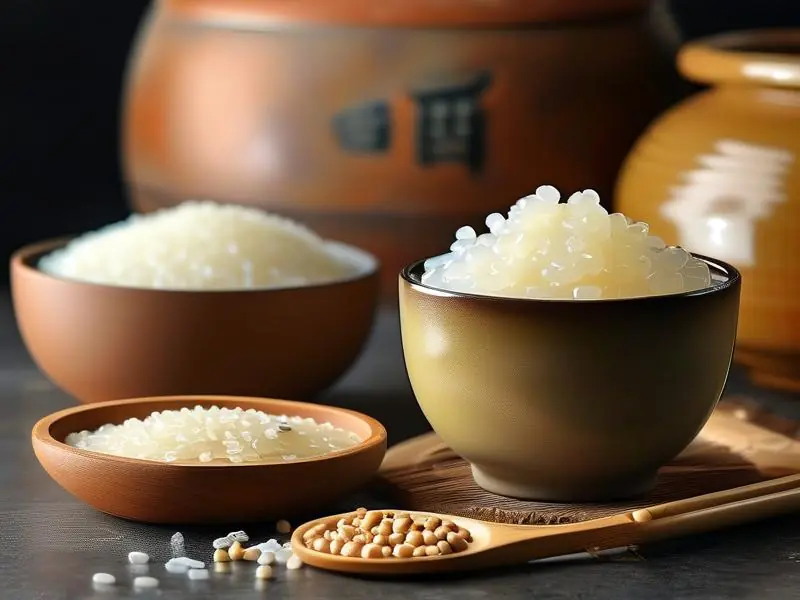 完成发酵的甜酒酿特写与原料展示