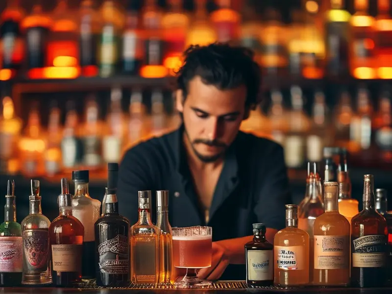 专业调酒师调制鸡尾酒的场景