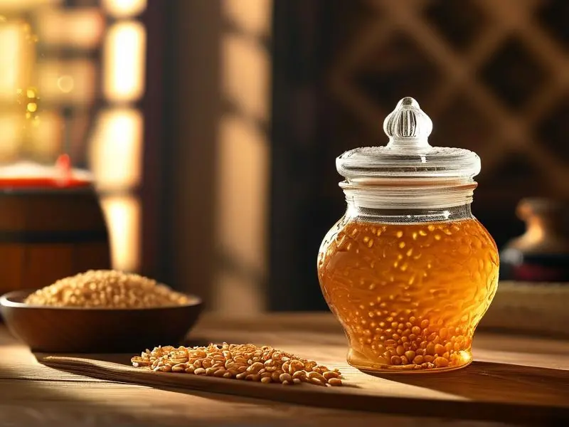 小麦酿酒原料与发酵器具展示图