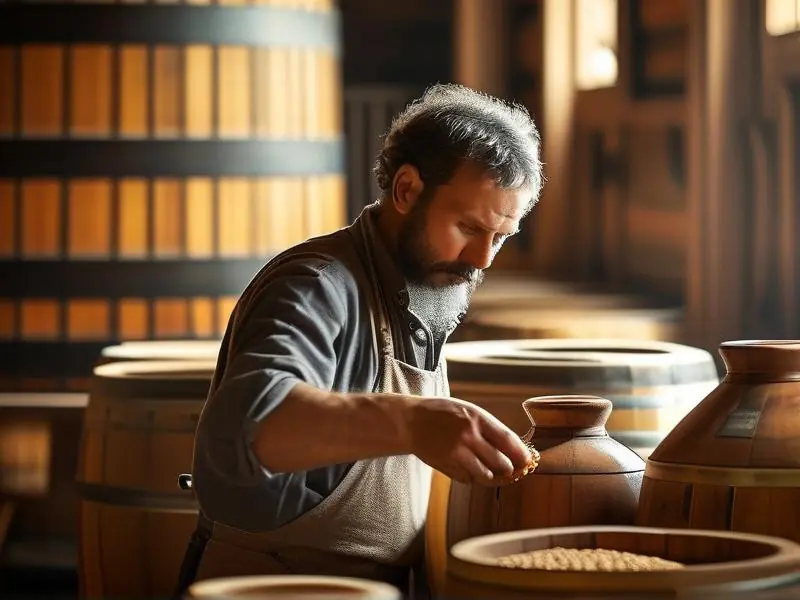 酿酒师混合小曲和大曲进行传统酿酒