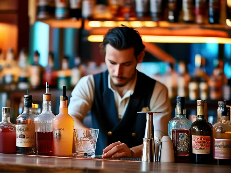 专业调酒师在吧台调制鸡尾酒