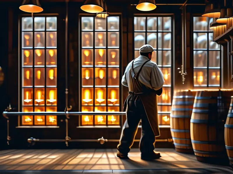 酿酒师在酒窖中检查威士忌陈酿桶