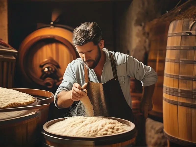 酿酒师检查粮食发酵过程