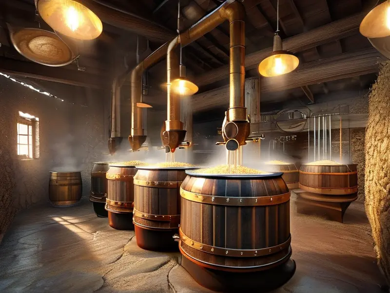 传统玉米酿酒过程实景：从玉米粉碎到酒液收集的全流程展示
