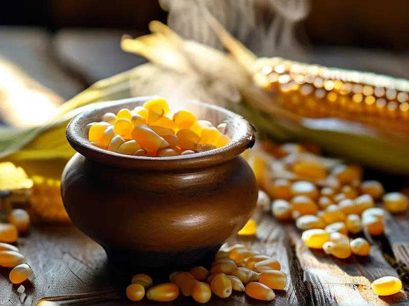 玉米与酒曲在陶罐中混合发酵的特写画面