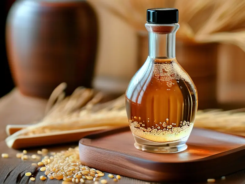 纯粮酿造的酒在玻璃杯中展示,背景有高粱和大米等原料