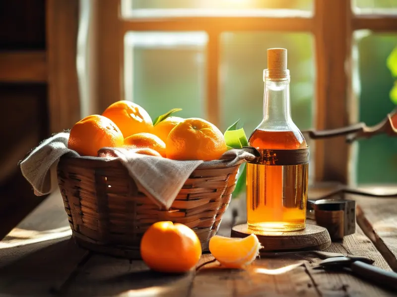 新鲜橘子和自酿橘子酒展示