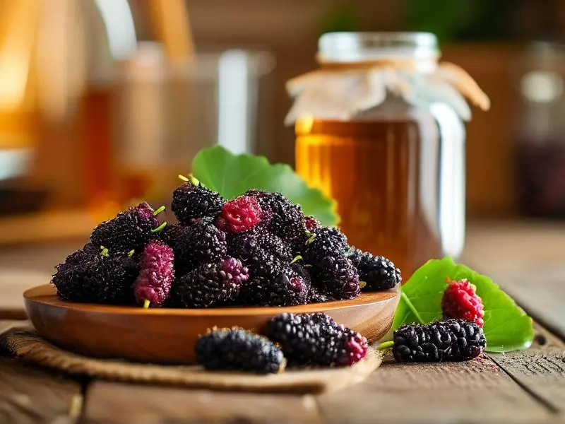 新鲜桑葚和酿酒工具准备酿制桑葚酒