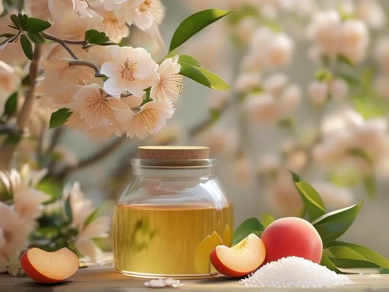 新鲜桃花与酿酒原料在玻璃罐中的特写