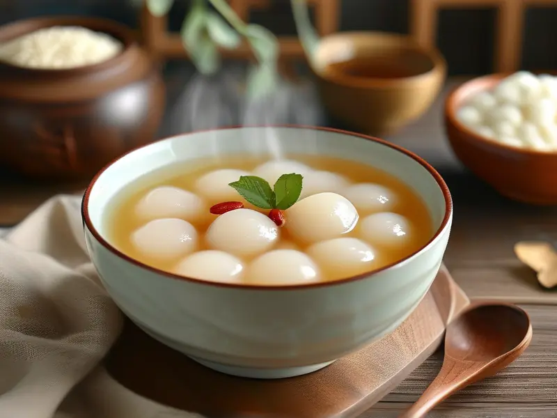 香甜可口的酒酿圆子甜汤特写