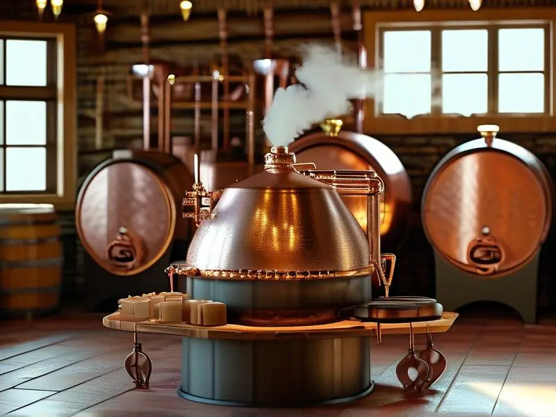 专业酿酒师操作铜制蒸馏器的传统酿酒场景