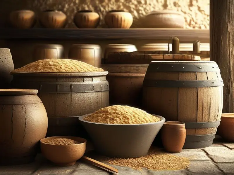 正宗黄酒酿造原料展示：糯米、酒曲与陶缸