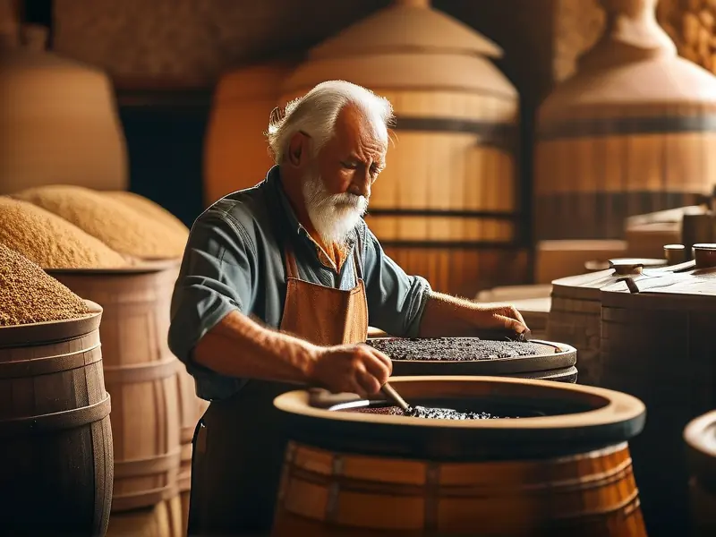 传统酿酒师在酒坊中操作酿酒器具