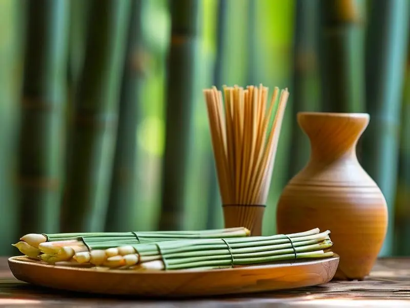 新鲜竹材准备用于制作竹子酒的特写照片