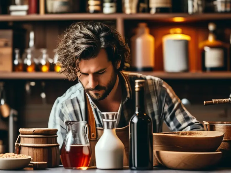 家庭酿酒爱好者在检查发酵过程