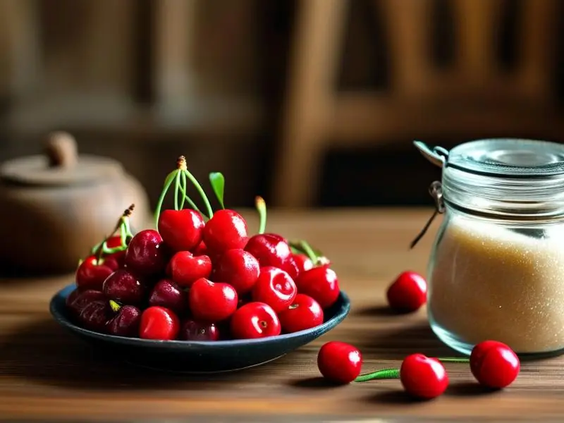 新鲜樱桃和酿酒材料准备