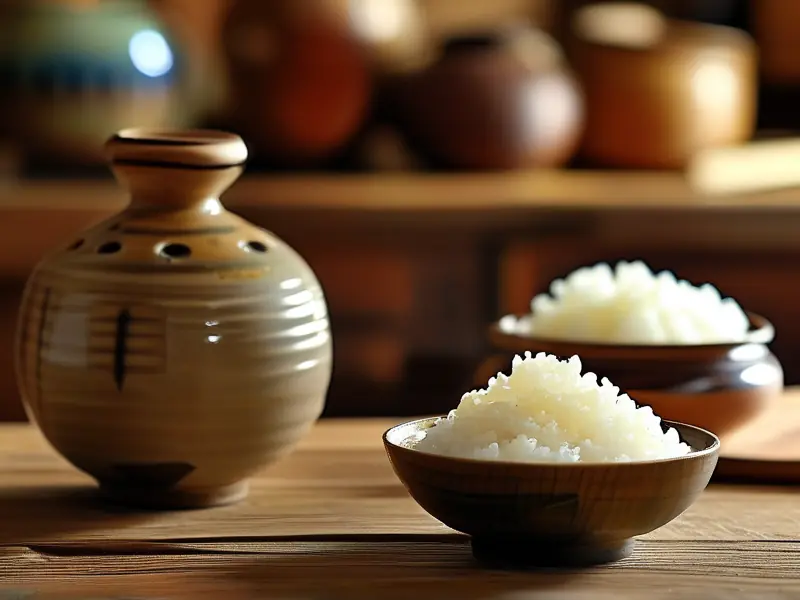 香甜的糯米酒与蒸熟的糯米及发酵陶罐